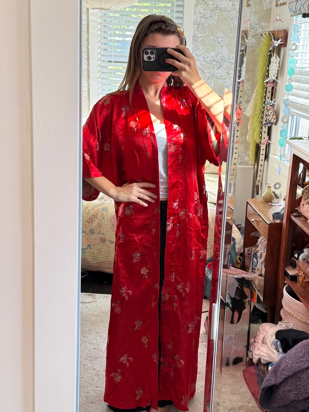 Vintage 70s Oriental Folz Squirrel Red Floral Brocade Kimono Duster Robe Boho M
